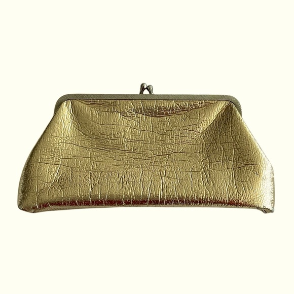 Vintage 60s Metallic Gold Lame Evening Bag Clutch Retro Glam Kiss Lock/Zip - Picture 1 of 5